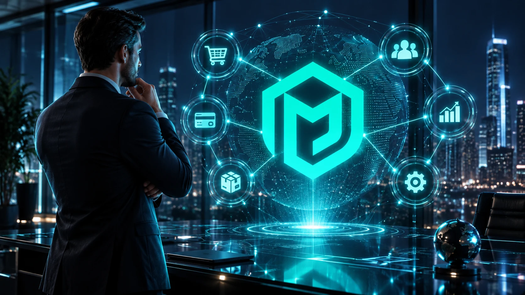 Business professional viewing a holographic network connecting enterprise systems