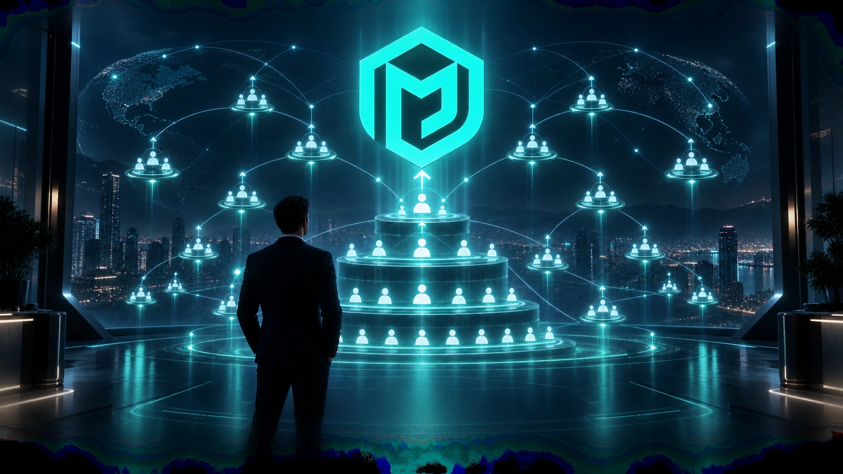 An illuminated MLM network structure rising toward a central emblem in a technology setting