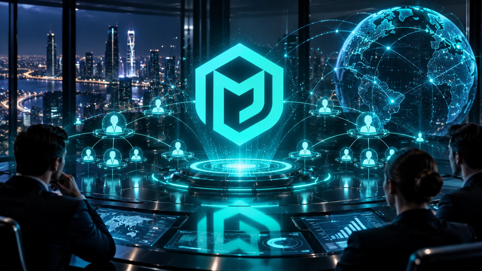 A turquoise emblem illuminates a distributor network and business rules in an operations room.